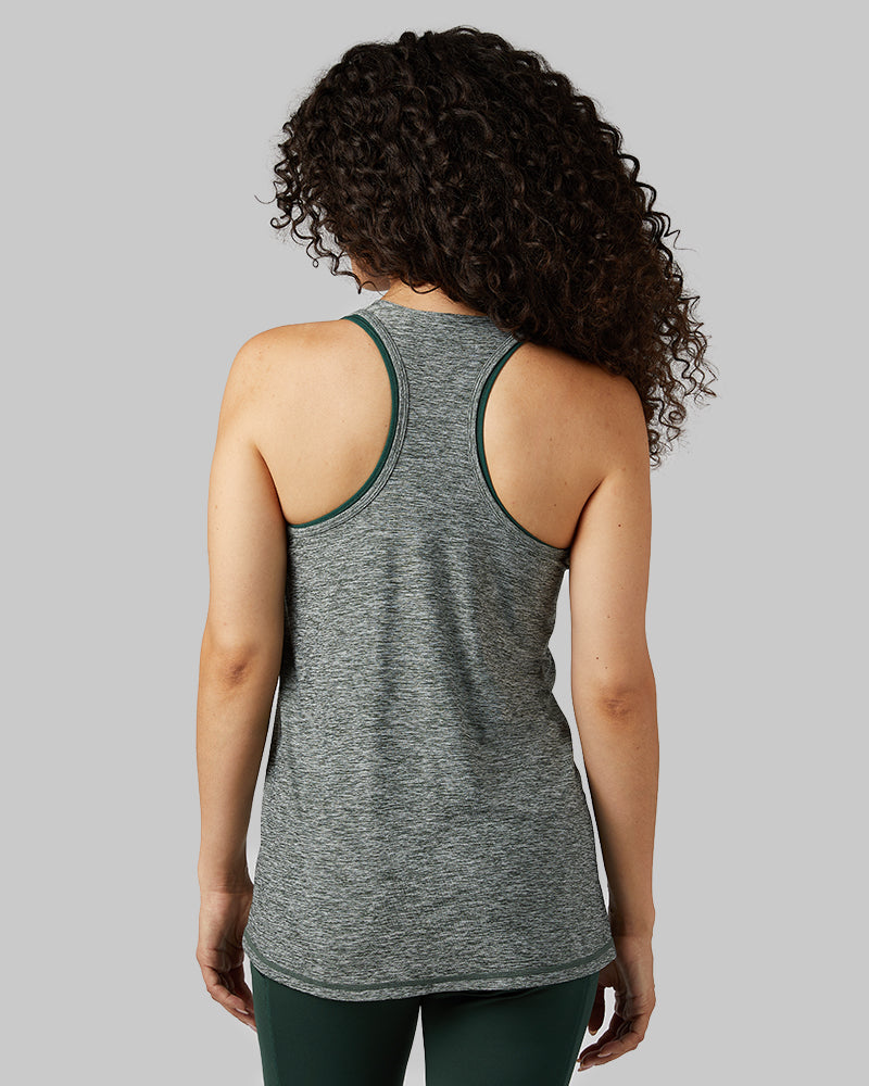 32 Degrees Sycamore Green Space Dye _ Women's Cool Racerback Tank {model: Gabrielle is 5'8"and size 4 wearing size S}{bottom}{right} {bottom}{right}
