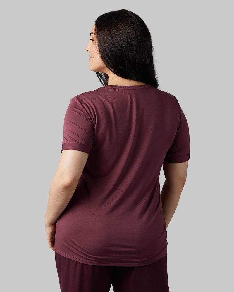 32 Degrees Eggplant _ Women's Cool Relaxed sleep T-shirt {model: Kristen is 5'7"and size 14 wearing size L}{bottom}{right} {bottom}{right}