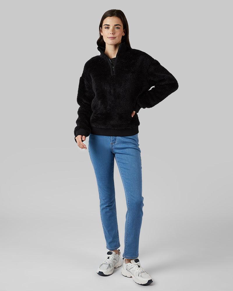 32 Degrees Black _ Women's Fluffy sherpa 1/4 Zip Top {model: Katie is 5'10"and size 4 wearing size S}{bottom}{right} {bottom}{right}