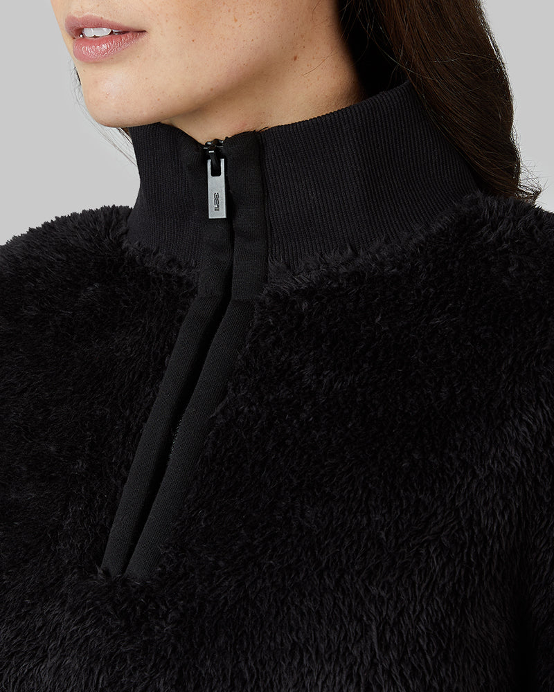 32 Degrees Black _ Women's Fluffy sherpa 1/4 Zip Top {model: Katie is 5'10"and size 4 wearing size S}{bottom}{right} {bottom}{right}