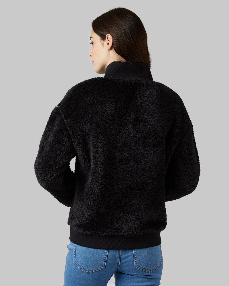 32 Degrees Black _ Women's Fluffy sherpa 1/4 Zip Top {model: Katie is 5'10"and size 4 wearing size S}{bottom}{right} {bottom}{right}