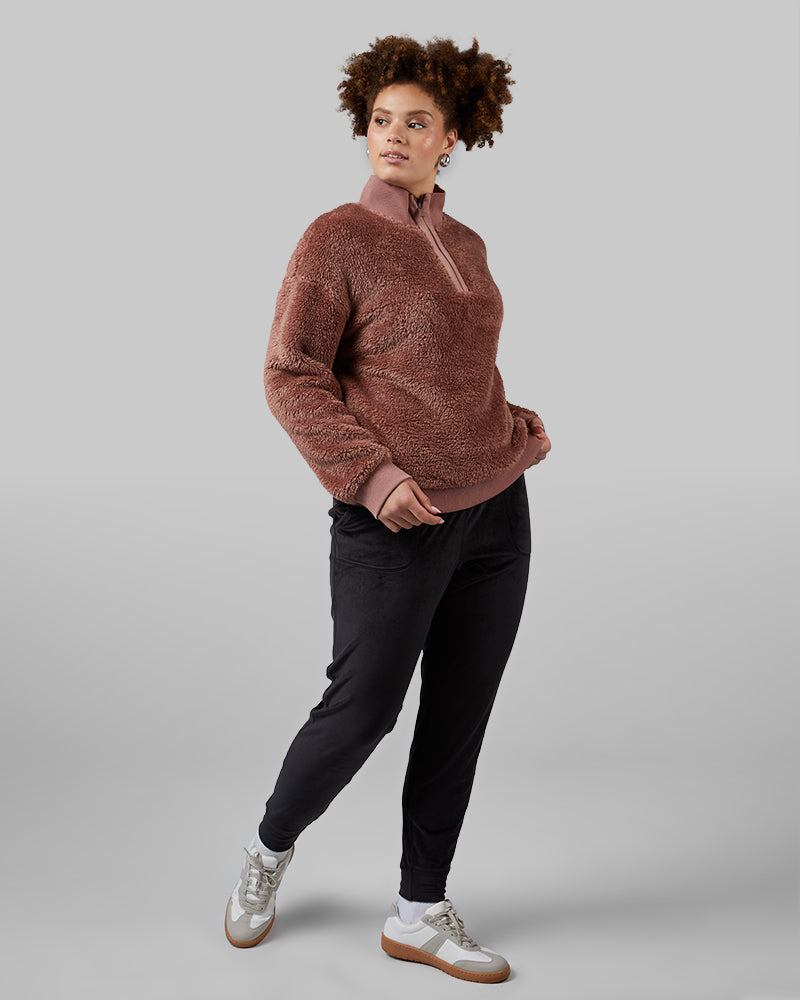 32 Degrees Nutmeg _ Women's Fluffy sherpa 1/4 Zip Top {model: Shani is 5'10"and size 12 wearing size L}{bottom}{right} {bottom}{right}