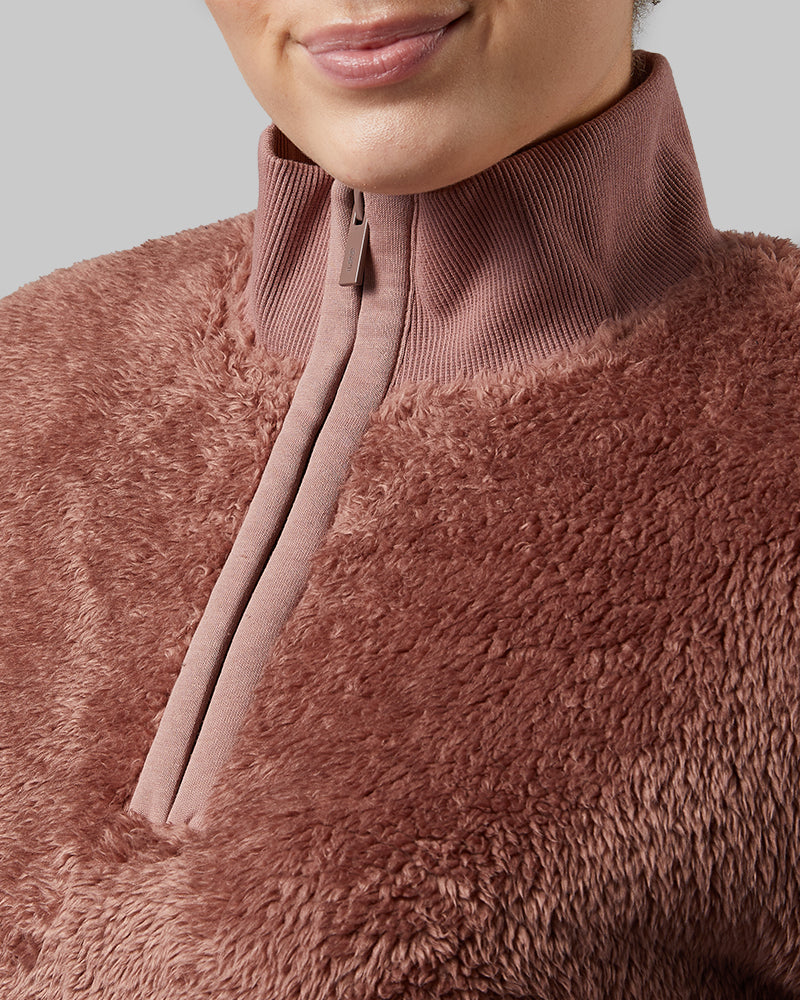 32 Degrees Nutmeg _ Women's Fluffy sherpa 1/4 Zip Top {model: Shani is 5'10"and size 12 wearing size L}{bottom}{right} {bottom}{right}
