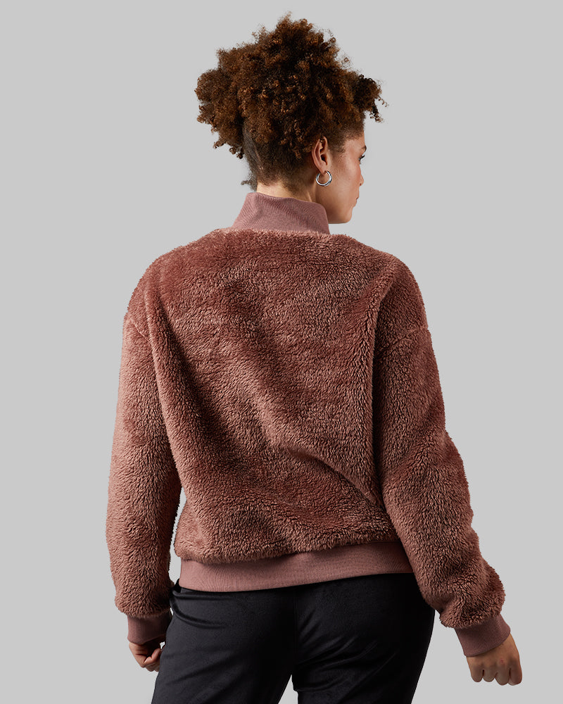 32 Degrees Nutmeg _ Women's Fluffy sherpa 1/4 Zip Top {model: Shani is 5'10"and size 12 wearing size L}{bottom}{right} {bottom}{right}