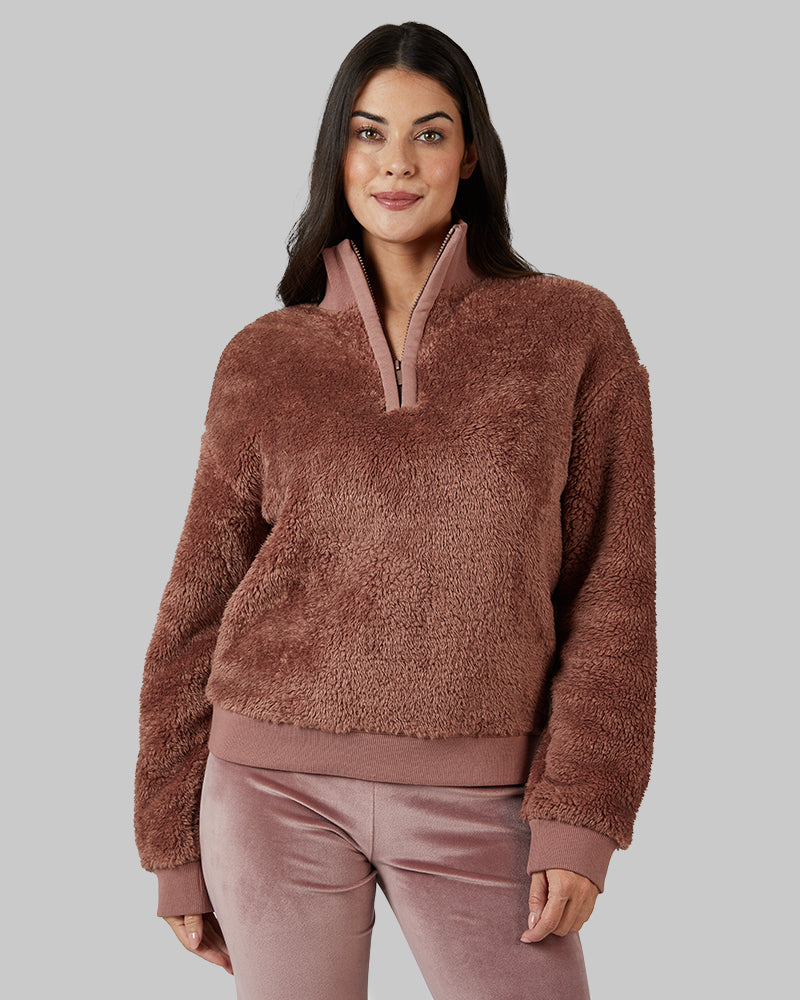 32 Degrees Nutmeg _ Women's Fluffy sherpa 1/4 Zip Top {model: Bailey is 5'9and size 4 wearing size S}{bottom}{right} {bottom}{right}