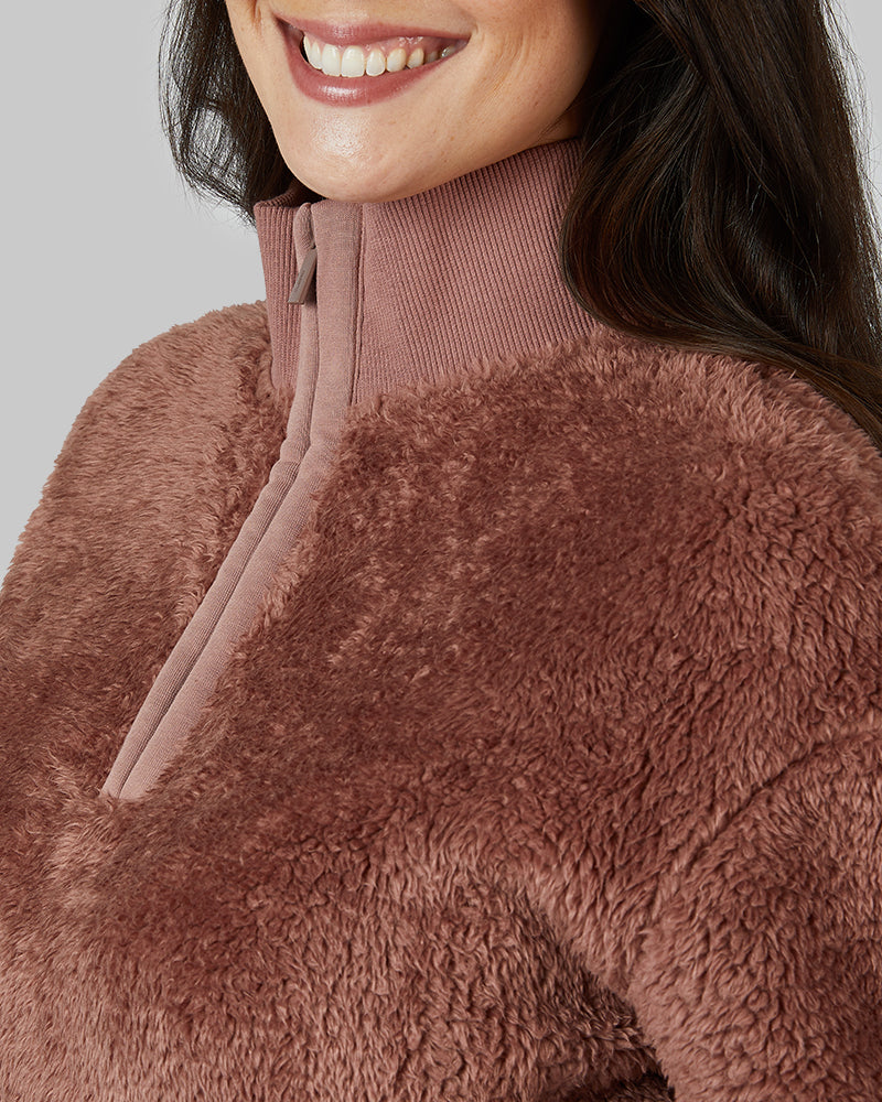 32 Degrees Nutmeg _ Women's Fluffy sherpa 1/4 Zip Top {model: Bailey is 5'9and size 4 wearing size S}{bottom}{right} {bottom}{right}