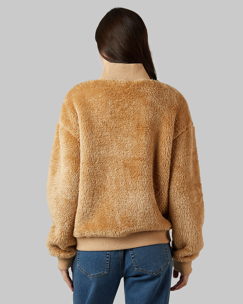 32 Degrees Sand _ Women's Fluffy sherpa 1/4 Zip Top {model: Katie is 5'10"and size 4 wearing size S}{bottom}{right} {bottom}{right}