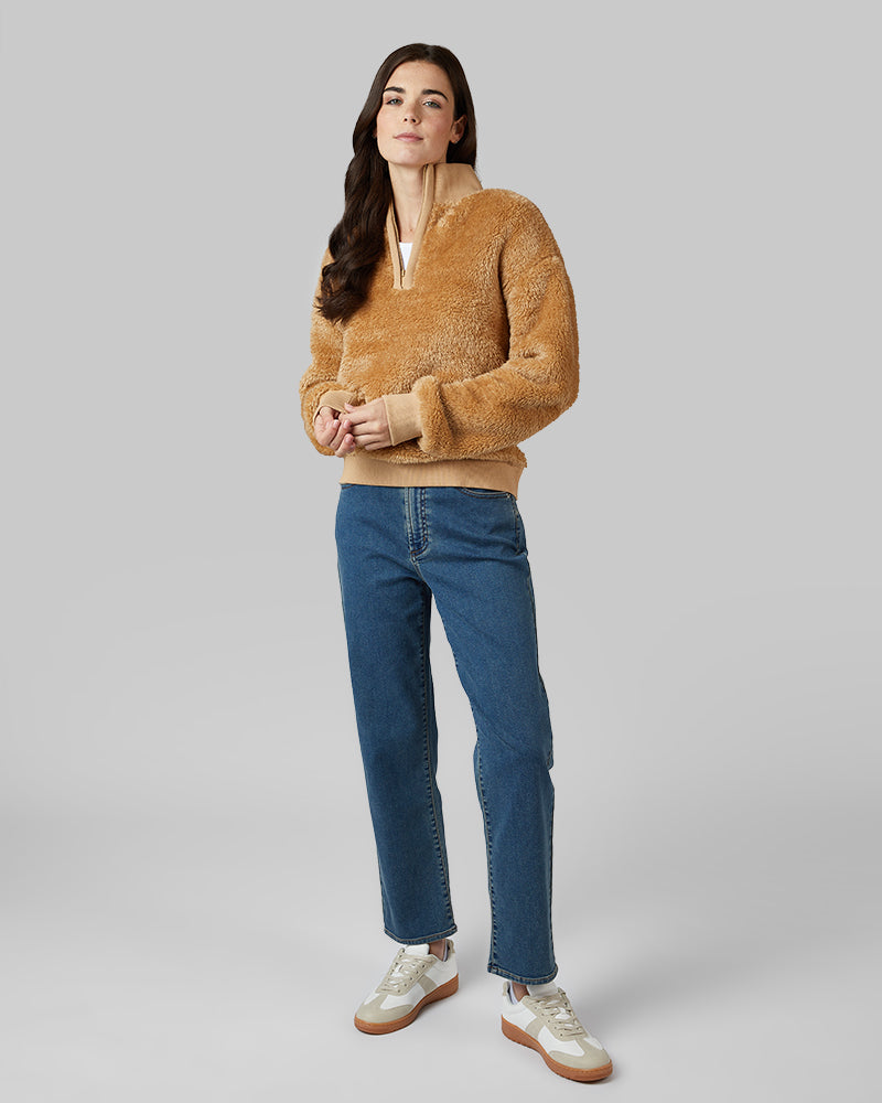 32 Degrees Sand _ Women's Fluffy sherpa 1/4 Zip Top {model: Katie is 5'10"and size 4 wearing size S}{bottom}{right} {bottom}{right}