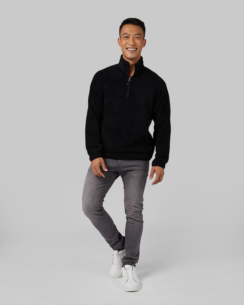 32 Degrees Black Onyx _ Men's Thermal Fleece 1/4 Zip Top {model: Shu is 6'1", wearing size M}{bottom}{right} {bottom}{right}