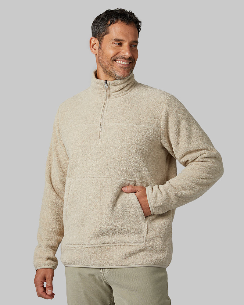 32 Degrees Oat _ Men's Thermal Fleece 1/4 Zip Top {model: Eduardo is 6'1", wearing size M}{bottom}{right} {bottom}{right}