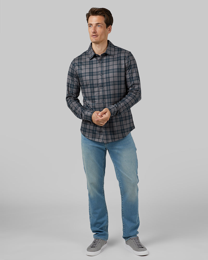 32 Degrees Charcoal Plaid _ Men's soft stretch Knit Long sleeve Button-Up {model: Leo is 6'1", wearing size M}{bottom}{right} {bottom}{right}