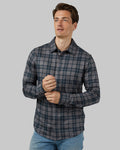 32 Degrees Charcoal Plaid _ Men's soft stretch Knit Long sleeve Button-Up {model: Leo is 6'1", wearing size M}{bottom}{right} {bottom}{right}