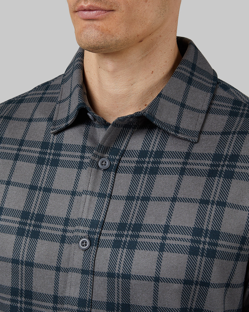 32 Degrees Charcoal Plaid _ Men's soft stretch Knit Long sleeve Button-Up {model: Leo is 6'1", wearing size M}{bottom}{right} {bottom}{right}