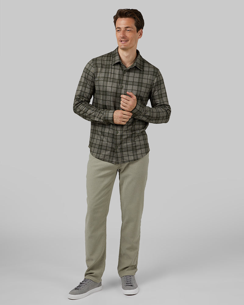 32 Degrees Forest Night Plaid _ Men's soft stretch Knit Long sleeve Button-Up {model: Leo is 6'1", wearing size M}{bottom}{right} {bottom}{right}