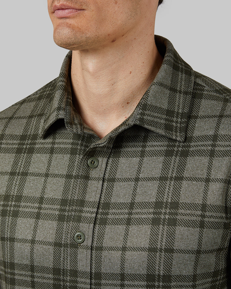 32 Degrees Forest Night Plaid _ Men's soft stretch Knit Long sleeve Button-Up {model: Leo is 6'1", wearing size M}{bottom}{right} {bottom}{right}