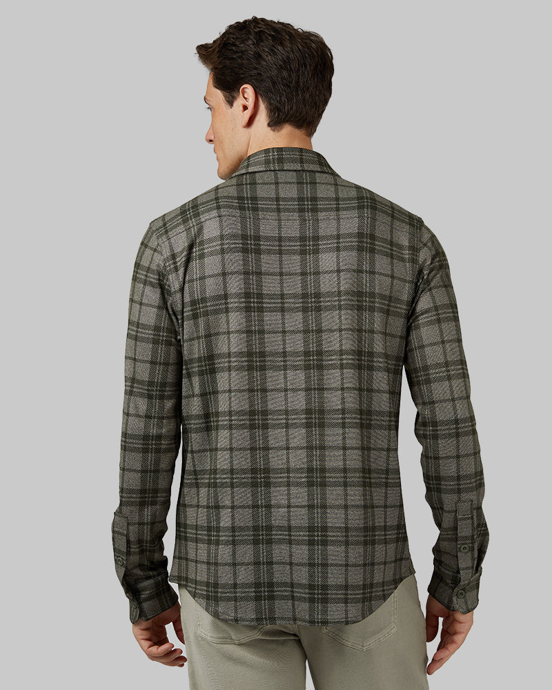 32 Degrees Forest Night Plaid _ Men's soft stretch Knit Long sleeve Button-Up {model: Leo is 6'1", wearing size M}{bottom}{right} {bottom}{right}