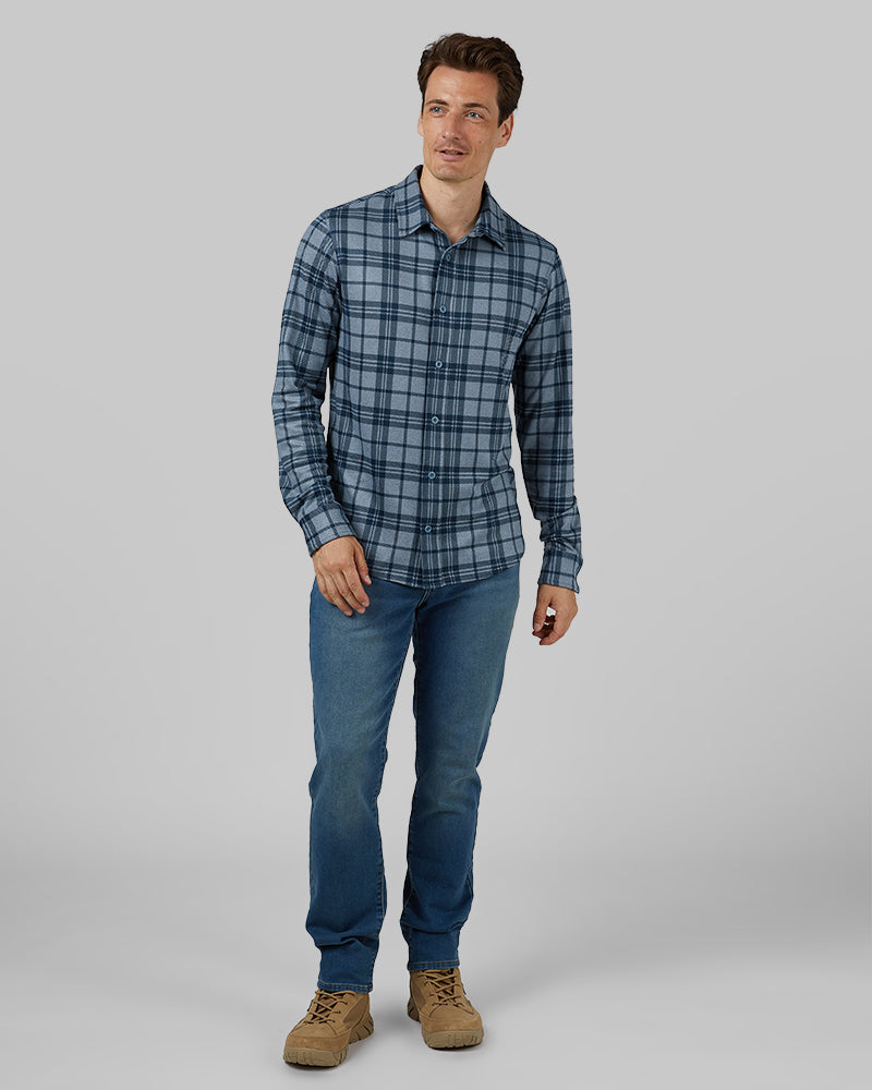 32 Degrees Nile Blue Plaid _ Men's soft stretch Knit Long sleeve Button-Up {model: Leo is 6'1", wearing size M}{bottom}{right} {bottom}{right}