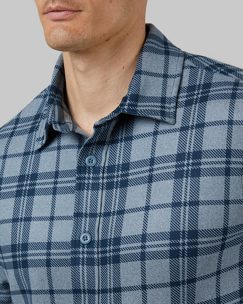 32 Degrees Nile Blue Plaid _ Men's soft stretch Knit Long sleeve Button-Up {model: Leo is 6'1", wearing size M}{bottom}{right} {bottom}{right}