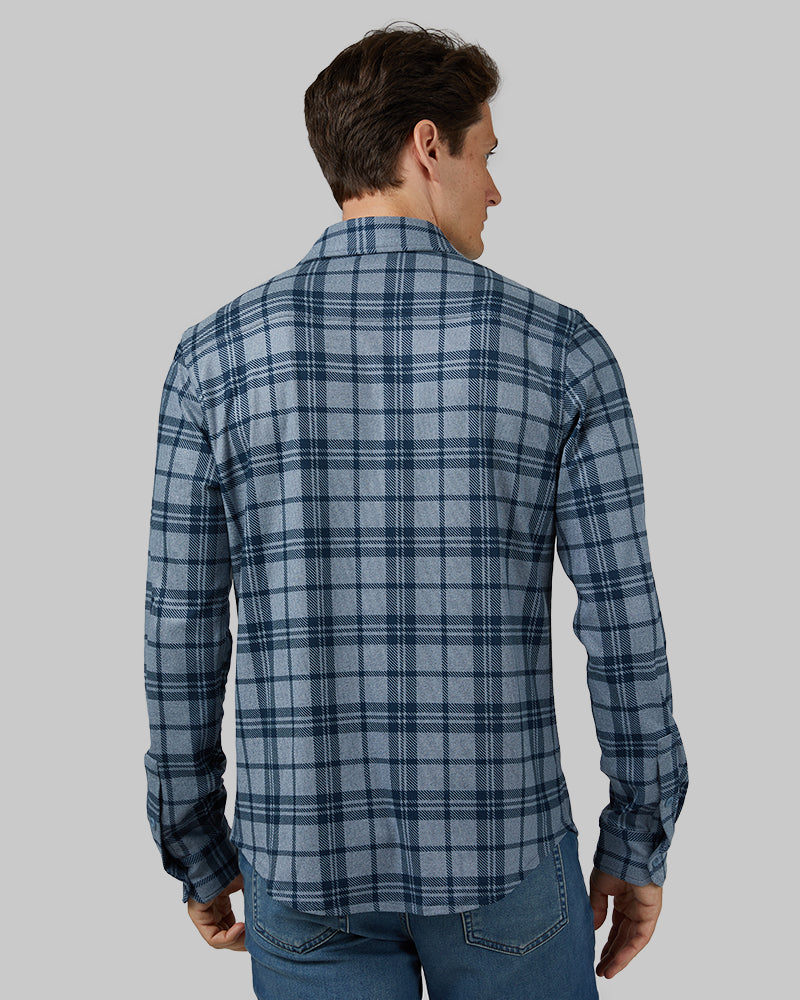 32 Degrees Nile Blue Plaid _ Men's soft stretch Knit Long sleeve Button-Up {model: Leo is 6'1", wearing size M}{bottom}{right} {bottom}{right}