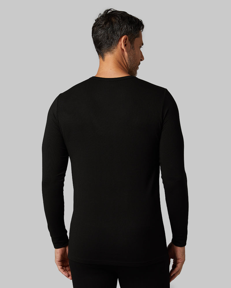 32 Degrees Black _ Men's Midweight Baselayer Crew Top {model: Eduardo is 6'1", wearing size M}{bottom}{right} {bottom}{right}
