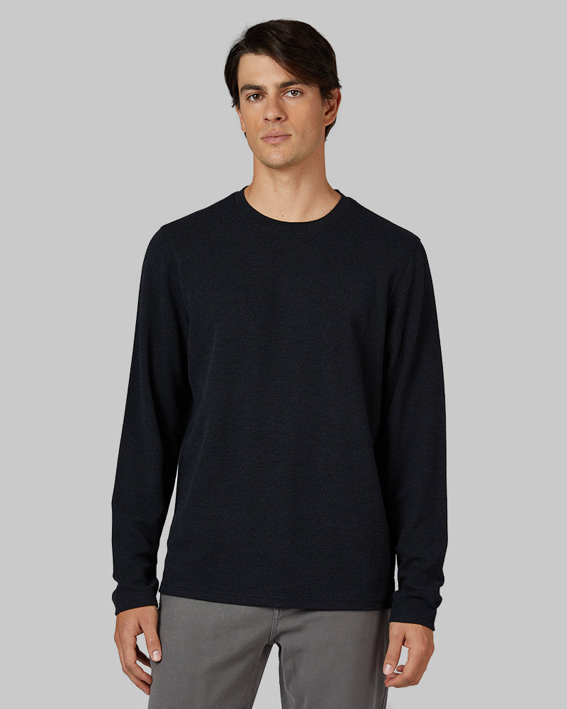 32 Degrees Black Heather _ Men's Everyday Comfort Crew Top {model: Brent is 6'1", wearing size M}{bottom}{right} {bottom}{right}