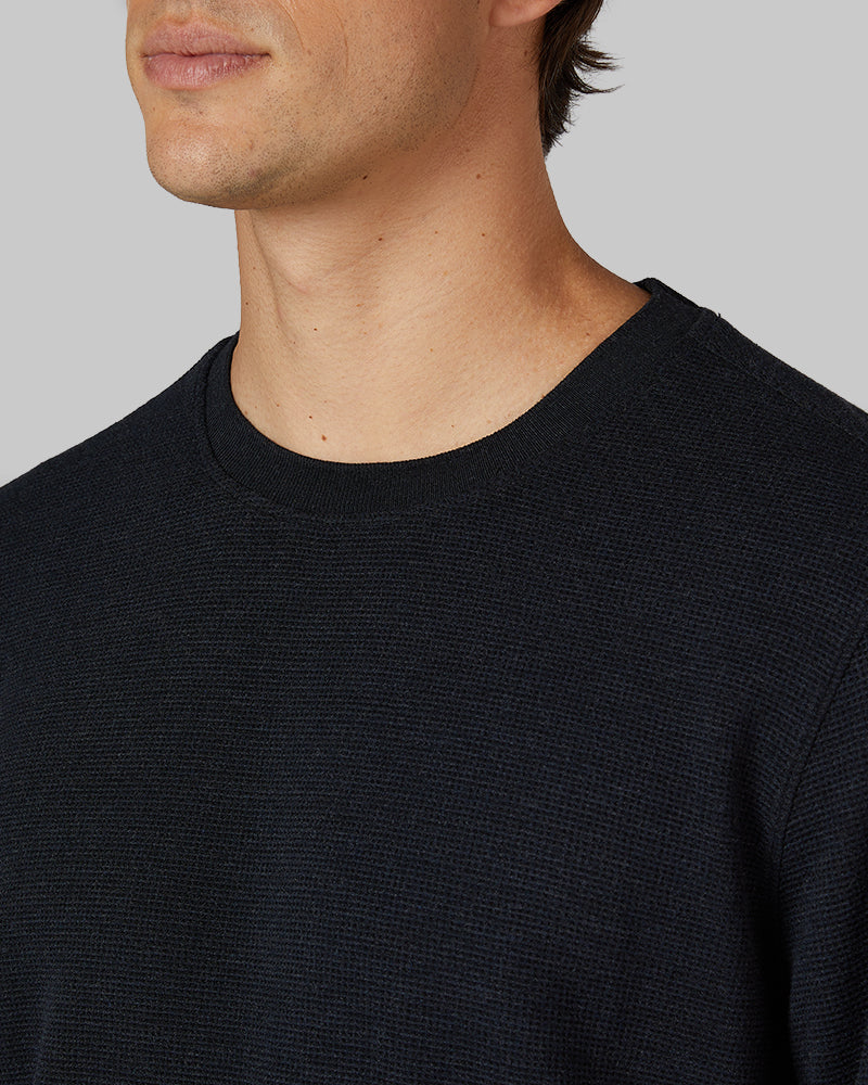 32 Degrees Black Heather _ Men's Everyday Comfort Crew Top {model: Brent is 6'1", wearing size M}{bottom}{right} {bottom}{right}