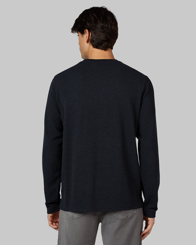 32 Degrees Black Heather _ Men's Everyday Comfort Crew Top {model: Brent is 6'1", wearing size M}{bottom}{right} {bottom}{right}