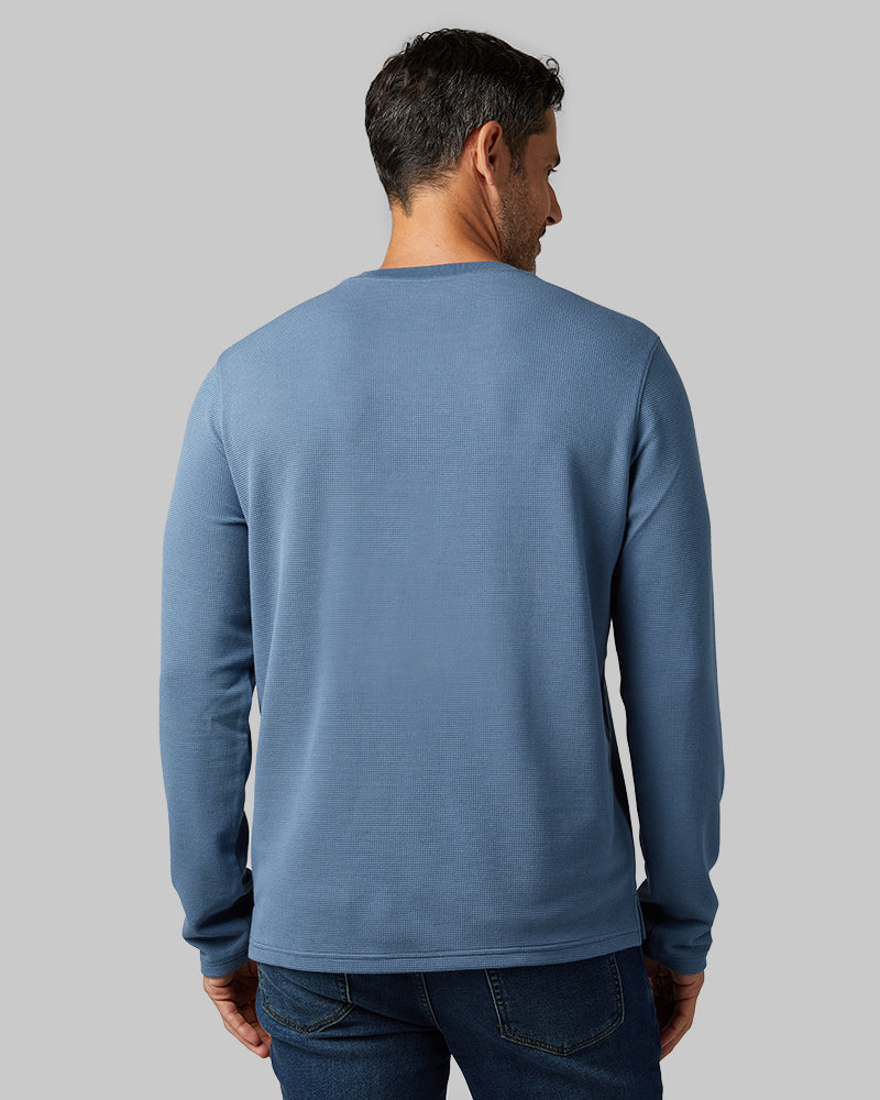 32 Degrees Dusky Blue _ Men's Everyday Comfort Long sleeve Henley {model: Eduardo is 6'1", wearing size M}{bottom}{right} {bottom}{right}