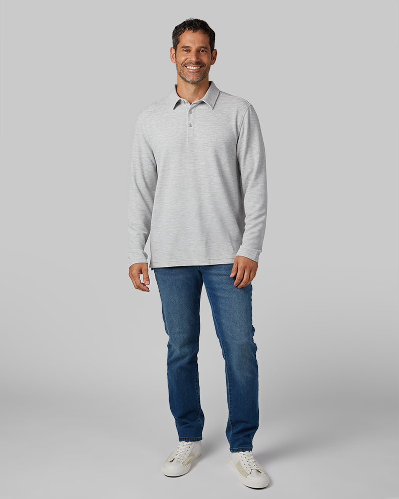 32 Degrees Grey Heather _ Men's Everyday Comfort Long sleeve Polo {model: Eduardo is 6'1", wearing size M}{bottom}{right} {bottom}{right}