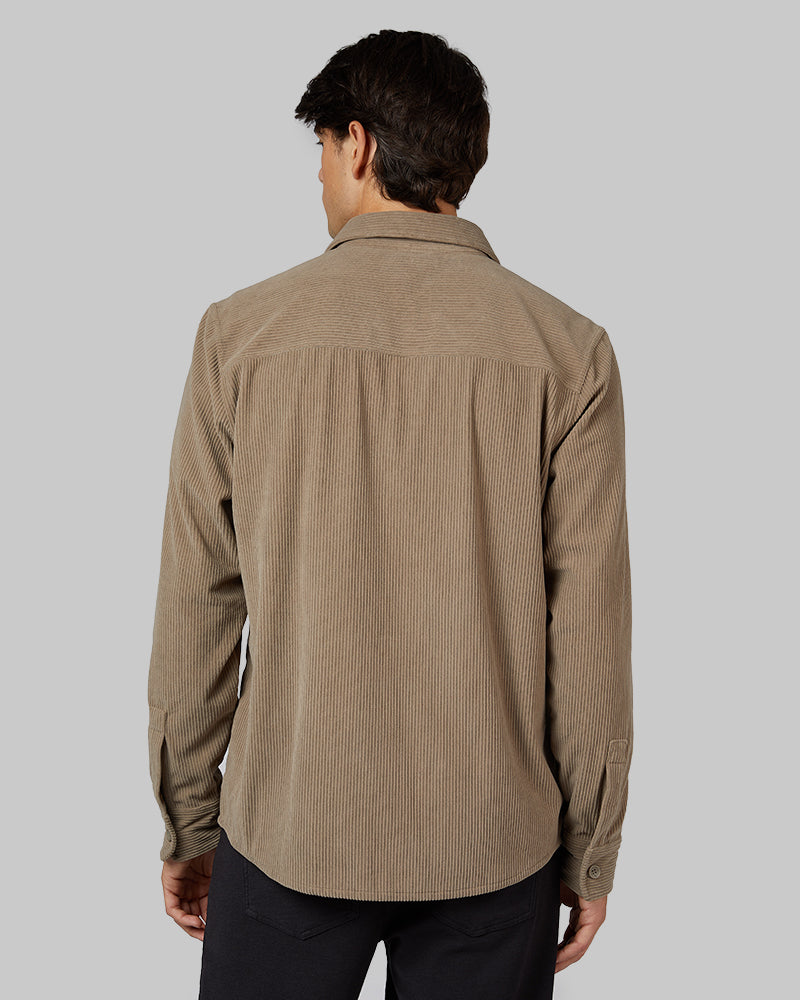 32 Degrees British Khaki _ Men's Corduroy shirt Jacket {model: Brent is 6'1", wearing size M}{bottom}{right} {bottom}{right}