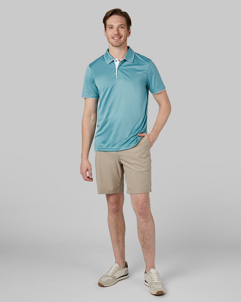32 Degrees Green Wave _ Men's stretch Flow Tipped Polo {model: Eric is 6'2", wearing size M}{bottom}{right} {bottom}{right}