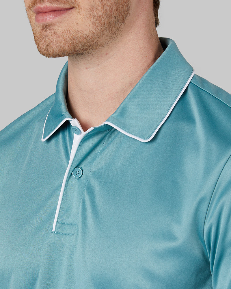 32 Degrees Green Wave _ Men's stretch Flow Tipped Polo {model: Eric is 6'2", wearing size M}{bottom}{right} {bottom}{right}