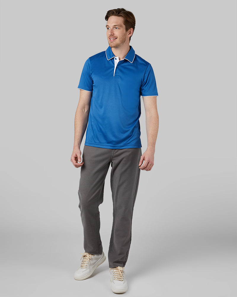 32 Degrees Sailor Blue _ Men's stretch Flow Tipped Polo {model: Eric is 6'2", wearing size M}{bottom}{right} {bottom}{right}