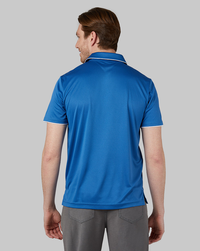 32 Degrees Sailor Blue _ Men's stretch Flow Tipped Polo {model: Eric is 6'2", wearing size M}{bottom}{right} {bottom}{right}