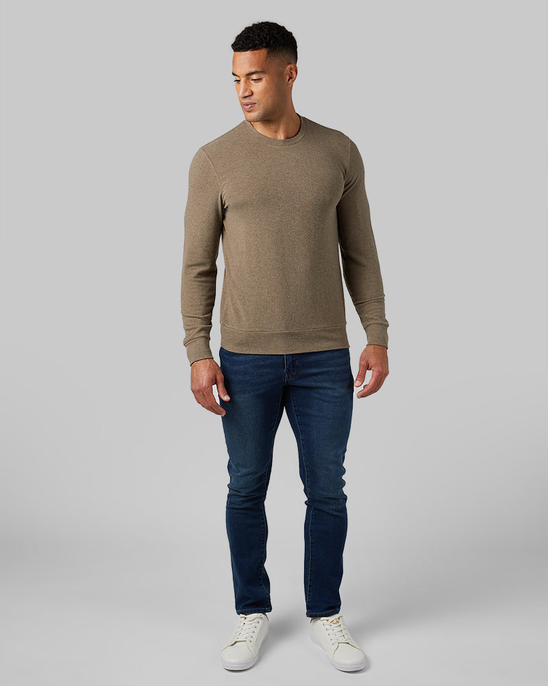 32 Degrees Mild Brown Heather _ Men's sweater Knit Crew Top {model: Devin is 6'2", wearing size M}{bottom}{right} {bottom}{right}