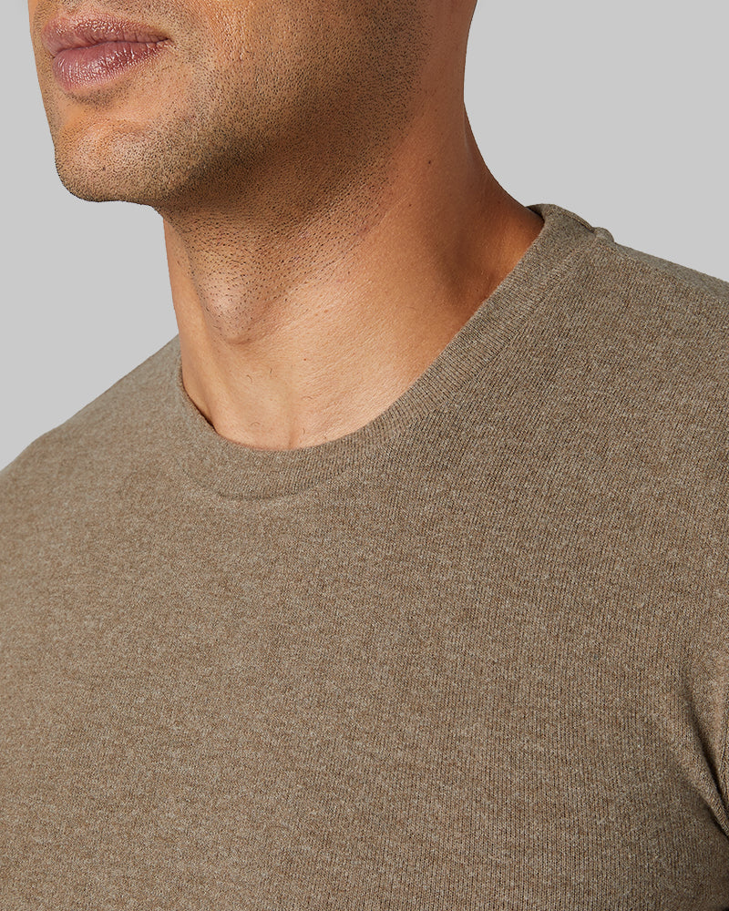 32 Degrees Mild Brown Heather _ Men's sweater Knit Crew Top {model: Devin is 6'2", wearing size M}{bottom}{right} {bottom}{right}