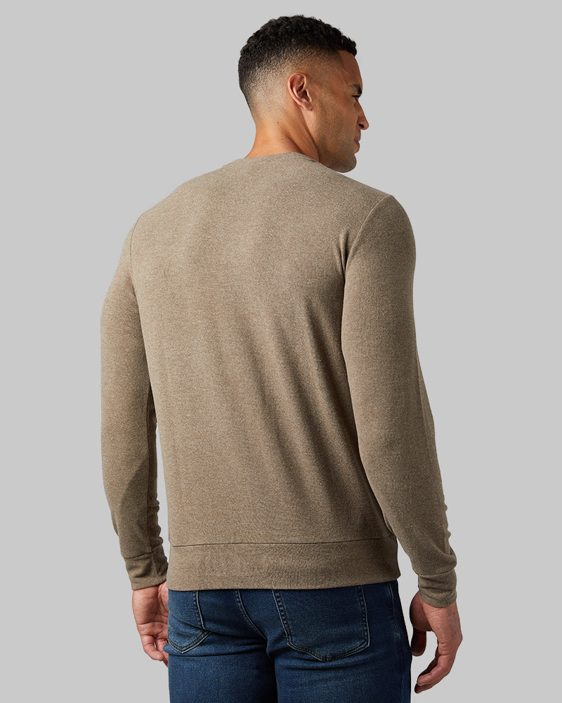 32 Degrees Mild Brown Heather _ Men's sweater Knit Crew Top {model: Devin is 6'2", wearing size M}{bottom}{right} {bottom}{right}