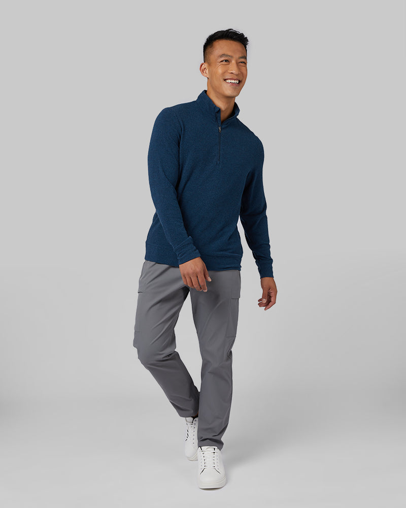 32 Degrees Dark Navy Heather _ Men's sweater Knit ¼ Zip Top {model: Shu is 6'1", wearing size M}{bottom}{right} {bottom}{right}