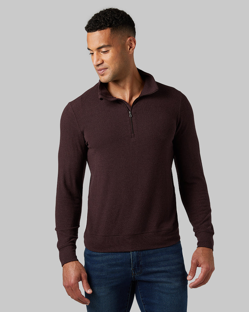 32 Degrees Fudge Heather _ Men's sweater Knit ¼ Zip Top {model: Devin is 6'2", wearing size M}{bottom}{right} {bottom}{right}