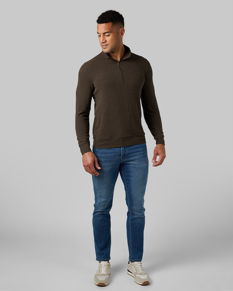 32 Degrees Dark Brown Heather _ Men's sweater Knit ¼ Zip Top {model: Devin is 6'2", wearing size M}{bottom}{right} {bottom}{right}