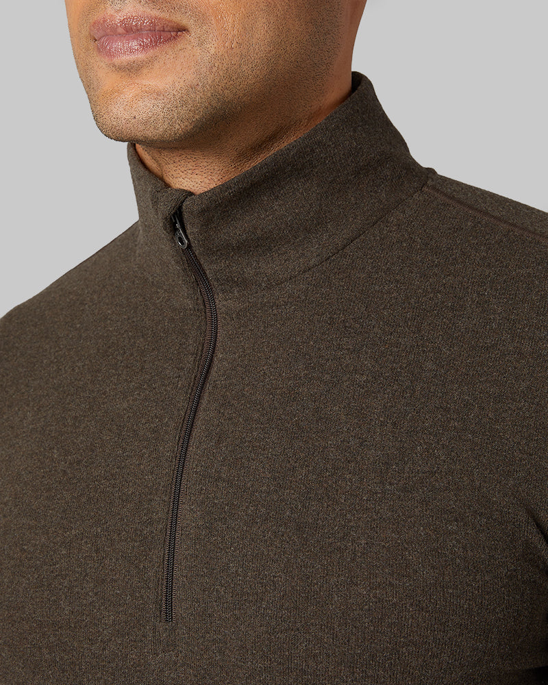 32 Degrees Dark Brown Heather _ Men's sweater Knit ¼ Zip Top {model: Devin is 6'2", wearing size M}{bottom}{right} {bottom}{right}