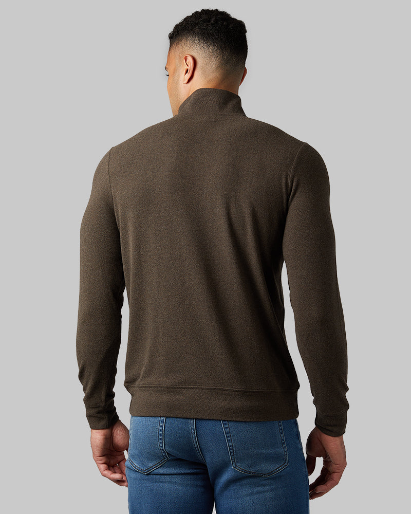 32 Degrees Dark Brown Heather _ Men's sweater Knit ¼ Zip Top {model: Devin is 6'2", wearing size M}{bottom}{right} {bottom}{right}