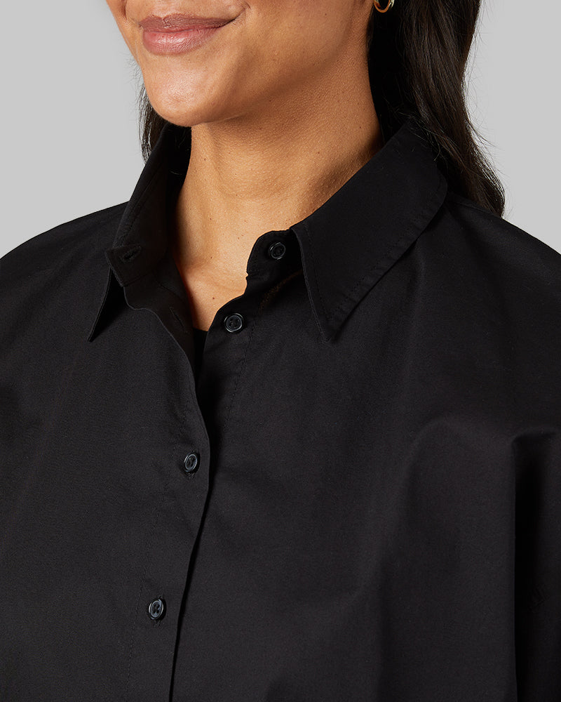 32 Degrees Black _ Women's Oversized Cotton Long sleeve Button-Up {model: Jess is 5'11"and size 4 wearing size S}{bottom}{right} {bottom}{right}