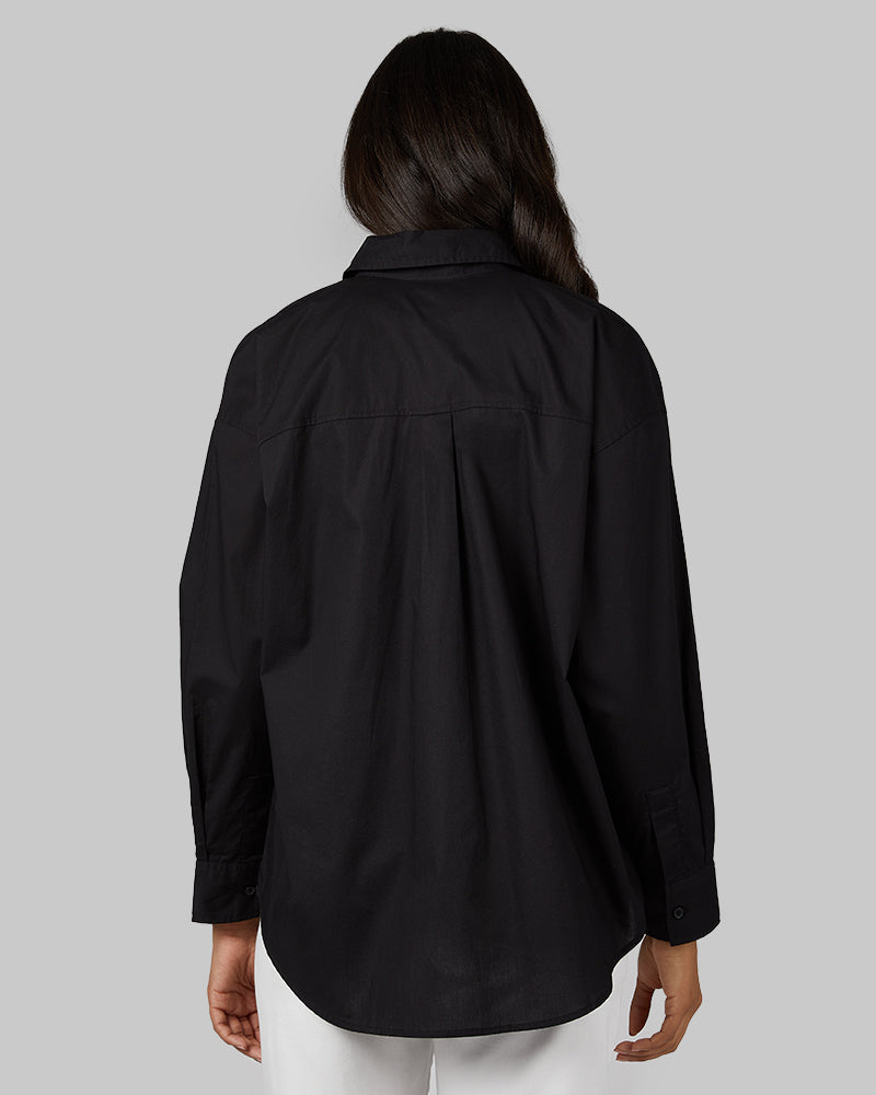 32 Degrees Black _ Women's Oversized Cotton Long sleeve Button-Up {model: Jess is 5'11"and size 4 wearing size S}{bottom}{right} {bottom}{right}