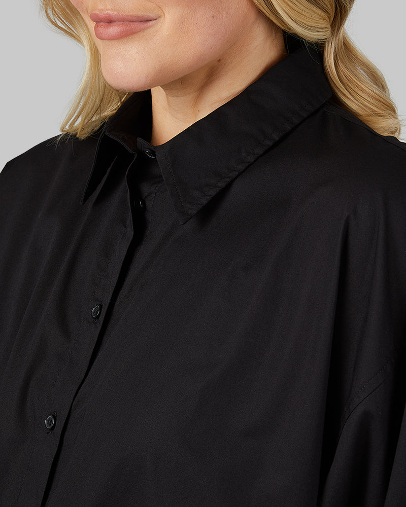 32 Degrees Black _ Women's Oversized Cotton Long sleeve Button-Up {model: Drew is 5'9"and size 12 wearing size L}{bottom}{right} {bottom}{right}