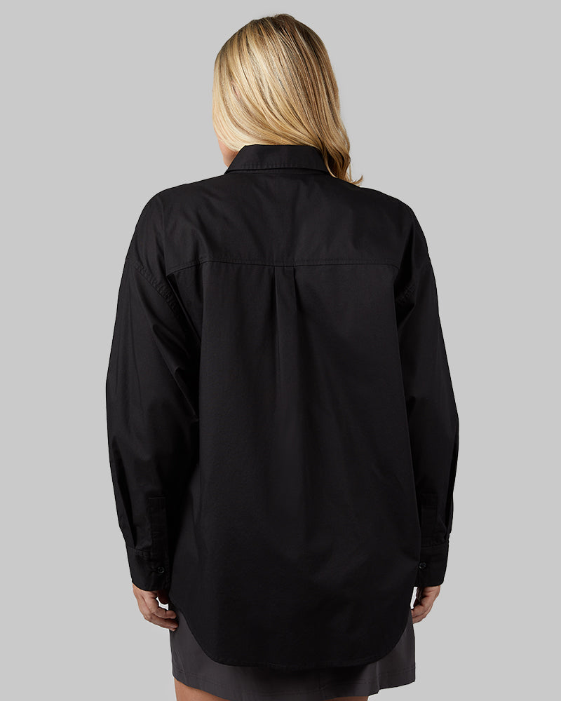 32 Degrees Black _ Women's Oversized Cotton Long sleeve Button-Up {model: Drew is 5'9"and size 12 wearing size L}{bottom}{right} {bottom}{right}
