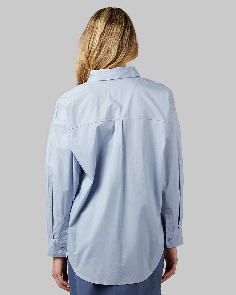 32 Degrees Brunnera Blue _ Women's Oversized Cotton Long sleeve Button-Up {model: Rachel is 5'9"and size 4 wearing size S}{bottom}{right} {bottom}{right}