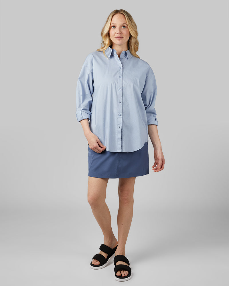 32 Degrees Brunnera Blue _ Women's Oversized Cotton Long sleeve Button-Up {model: Rachel is 5'9"and size 4 wearing size S}{bottom}{right} {bottom}{right}