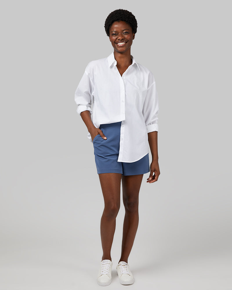 32 Degrees White _ Women's Oversized Cotton Long sleeve Button-Up {model: Wemi is 5'10"and size 2-4 wearing size S}{bottom}{right} {bottom}{right}