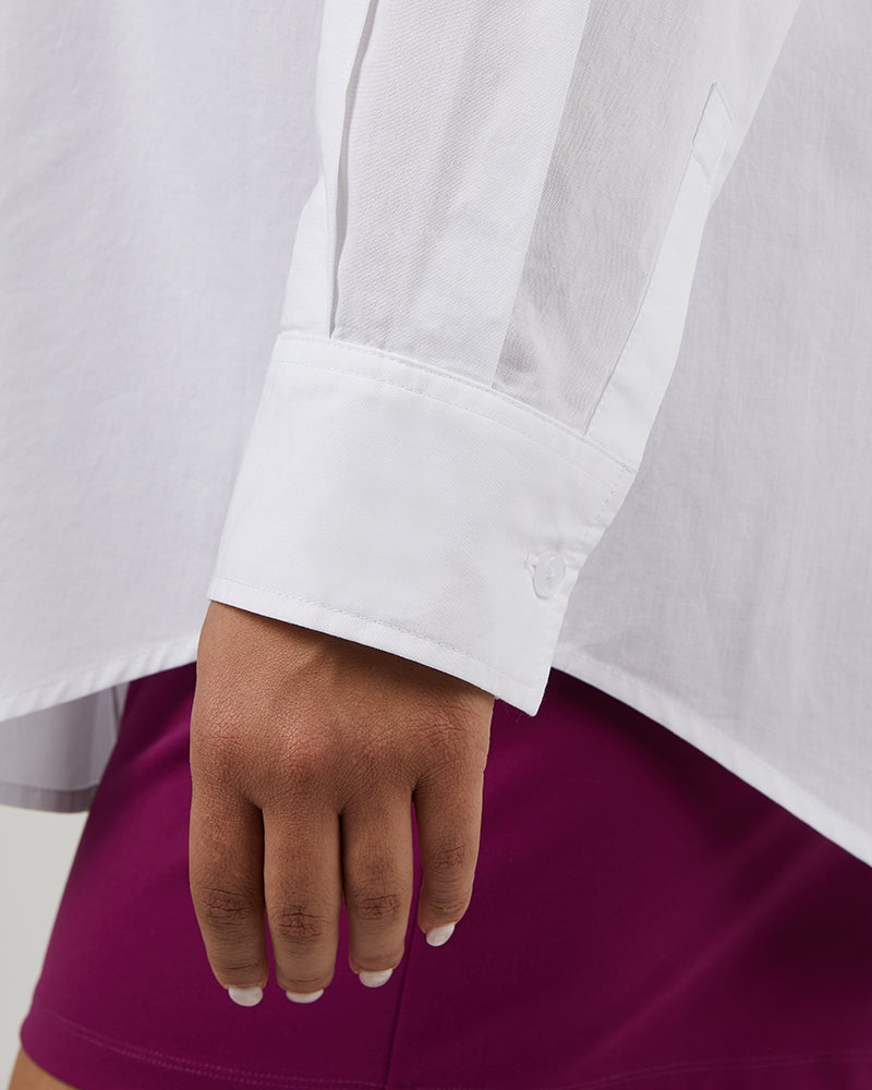 32 Degrees White _ Women's Oversized Cotton Long sleeve Button-Up {model: Kimberly is 5'9"and size 14 wearing size L}{bottom}{right} {bottom}{right}
